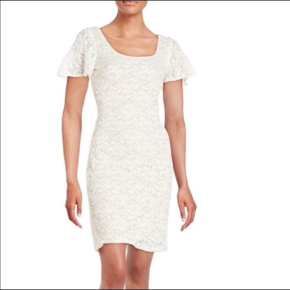 NWT Belle Badgley Mischka Lace Floral Sequin Stretch Mini Dress White Nude